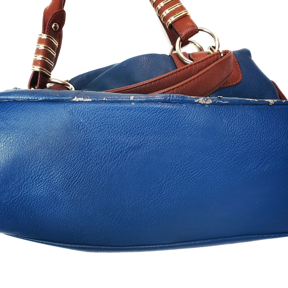Teal Blue and Brown Strapped Hobo Gold Hardware Bag
